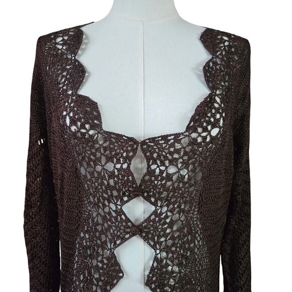 Bette Sung Womens VTG 90s Y2K Brown Crochet Knit Long Cardigan XL Festival Boho - Picture 2 of 12